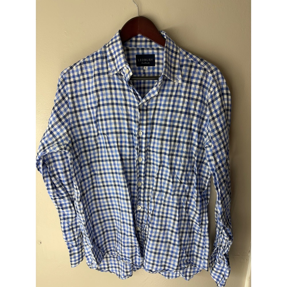 Ledbury Mens Blue White Gingham Check Long Sleeve Button Down Shirt 16 41cm